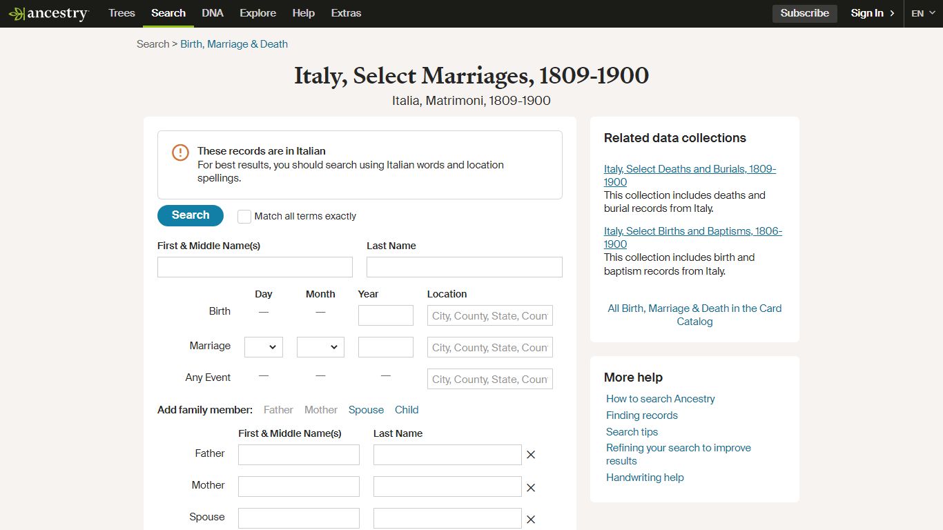 Italy, Select Marriages, 1809-1900 - Ancestry.com